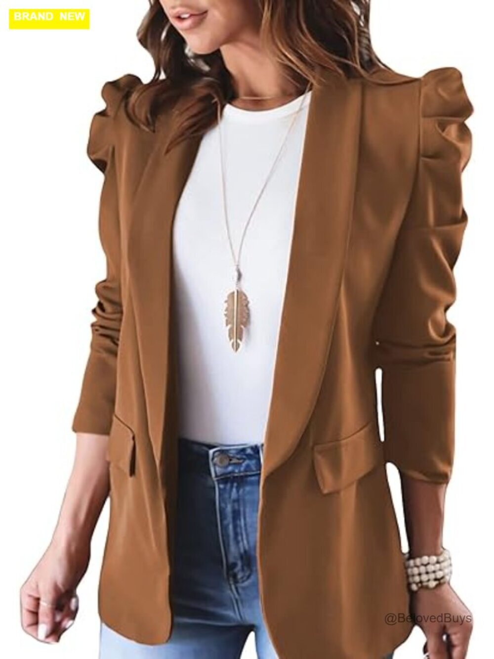 Women's Puff Sleeve Open Front Blazer Work Suit Jacket with Pockets